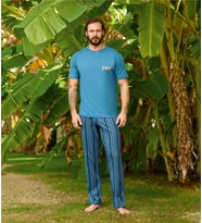 Aydoğan Erkek %100 Pamuk Kısa Kol Mavi Çizgili Düz Paça Pijama Takımı