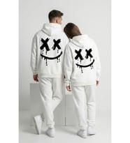 Nevermind Unisex Smile Baskılı Sevgili Kombini Oversize Hoodie Seti (Beyaz)