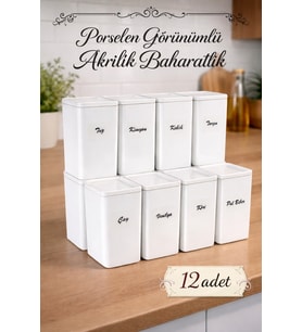 12'li 500 ml Vakumlu  Porselen Görünümlü Akrilik Baharatlık - Saklama Kabı Etiket Hediyeli