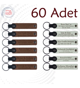 A Kahve & Beyaz, Tüm Sınıf İçin Anlamlı Hediye, 60’lı Set, Üzerine İsim Yazılabilen Deri Anahtarlık