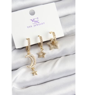 Pirinç Zİrkon Taşlı Ay Ve Hilal Model Gold Renk 3'lü Kadın Küpe TJ-BKP10942
