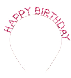 Pembe Kristal Taşlı Gold Happy Birthday Taçı