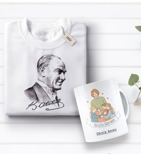 BK Gift Kişiye Özel Öğretmenler Günü Tasarımlı Kupa Bardak ve Atatürk Baskılı Tişört Hediye Seti- 3-8, Öğretmene Hediye, Öğretmenler Günü, 100. Yıl Hediyesi