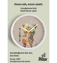 İsme Özel Bakım Yapan Leopar Çocuk Odası Duvar Saati Orta Boy 30 cm Beyaz Camlı Sessiz