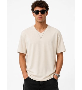 City Bej Erkek V Yaka Tişört - Yazlık Pamuklu Basic Regular Fit T-Shirt