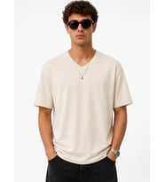 City Bej Erkek V Yaka Tişört - Yazlık Pamuklu Basic Regular Fit T-Shirt