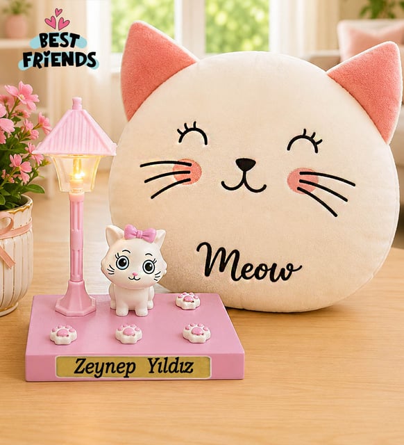 Kişiye Özel İsimli Sevimli Kedi Biblolu Masa Lambası & Kedi Polar Yastık