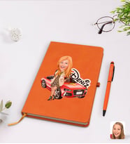 BK Gift Kişiye Özel Kadın Patron Karikatürlü Turuncu Termo Deri Defter Kalem Seti Model 2