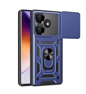 Xiaomi Poco F6 Kılıf Yüzüklü Standli Sürgülü Kamera Korumalı Tank Sert Silikon Kapak (Mavi)
