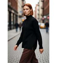 Kadın Oversize Düşük Kol Fermuarlı Dik Yaka Triko Selanik Örgü Basic Uzun Kollu Kazak Kaliteli