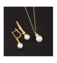 925 Ayar Zirkon Taşlı Tria Küre Gümüş İnci Set (Altın)