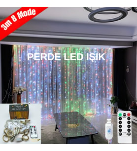 3x3 Metre 305 LED'li 8 Fonksiyonlu Kumandalı Gökkuşağı Perde LED Işık