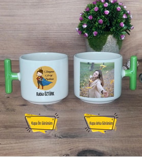 Kadın Öğretmene Hediye Kupa Bardak Fotoğraflı T Yeşil Kulplu Öğretmenler Günü Hediyesi