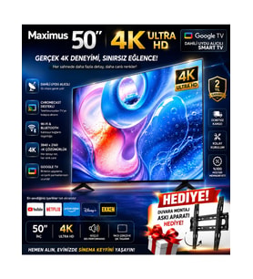 Maximus 50 Inç 127 Ekran 4K Ultra Hd Google Tv Dahili Uydu Alıcılı Smart LED Tv + Duvar Askı Aparatı Hediyeli