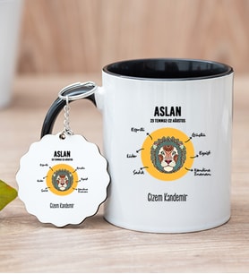 Kişiye Özel Aslan Burcuna Hediye Siyah Kupa Bardak ve Anahtarlık