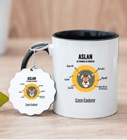 Kişiye Özel Aslan Burcuna Hediye Siyah Kupa Bardak ve Anahtarlık