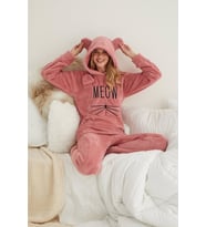 Kadın Pudra Meow Desenli  Tam Peluş Pijama Takımı (Açık Pudra)