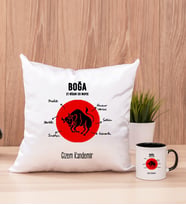 Kişiye Özel Boğa Burcuna Hediye Kare Yastık ve Siyah Kupa