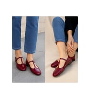 Siyah Süet T-Strap Mary Jane Tasarım Babet (Bordo)