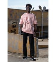 Bisiklet Yaka %100 Pamuklu Önü Baskılı Oversize (Geniş Model) T-shirt (Pembe)