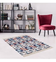 Taş Desenli Renk Bloklu Dijital Baskı Yıkanabilir Kaymaz Taban Modern Salon Halısı (Lacivert)