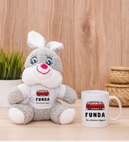 Kişiye Özel Vosvos Minibüs Tasarımlı Peluş Tavşan ve Beyaz Kupa