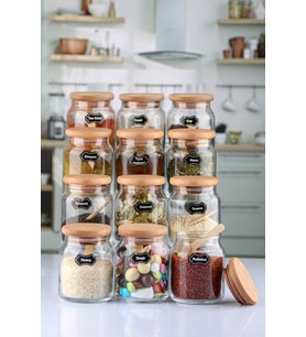 Etiketli, Bambu Kapaklı Ve Kaşıklı 12'li Lüx Baharat Takımı 300 ml