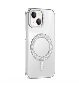 Apple iPhone 14 Uyumlu Kılıf Pırlanta Taş Tasarımlı M-safe Şarj Özellikli Zore Karetta Silikon Kapak (Gümüş)