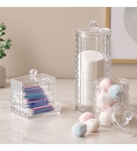 3'lü Mika Kristal Plastik Organizer Seti - Kulak Pamukluk, Makyaj Pamuğu, Mendillik