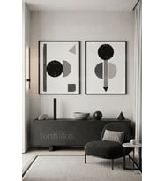 Minimal Geometrik Sanat 2'li Ahşap Çerçeveli Tablo Seti