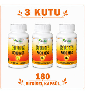 Biotin 5000 mcg 3 Kutu 180 Bitkisel Kapsül – Biotin Takviye Edici Gıda