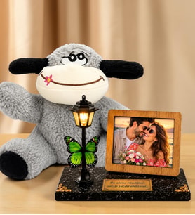 Kişiye Özel Fotoğraflı Siyah Mermer Desenli Masa Lambası ve Peluş Eşek