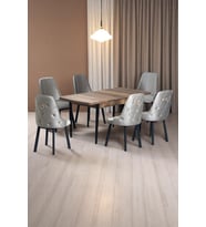 Sonata Ceviz 80 x 132 Açılabilen MDF Masa Siyah Metal Ayaklı Mutfak Masası 6 Cappucino Sandalye