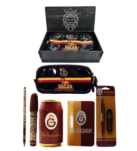 Galatasaray Orjinal Lisanslı Kırmızı Kutu Kalemtraş Ahşap Kutulu 6'lı Kırtasiye Seti (Kırmızı-Siyah)