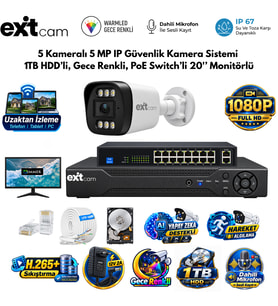 ExitCam 5 Kameralı 5 MP IP PoE Güvenlik Kamera Sistemi – 20 İnç Monitör, 1 TB HDD, 100 Metre Kablo, Sesli ve Gece Renkli