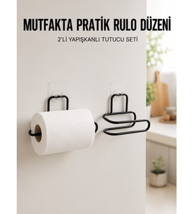 2’li Siyah Metal Rulo Kağıt Tutucu Yapışkanlı Banyo ve Mutfak Kağıtlık