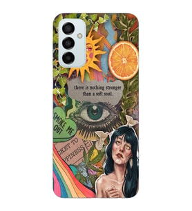 Samsung Galaxy M14 Uyumlu Vintage Kolaj Desenli Şeffaf Telefon Kılıfı