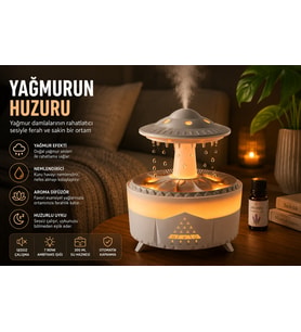 UFO Tasarımlı Yağmur Efektli Hava Nemlendirici – LED Işıklı, Sessiz, Zaman Ayarlı, Aromaterapi Uyumlu