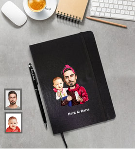 Kişiye Özel Babalar Günü Baba Erkek Çocuk Karikatürlü Siyah Defter Kalem Hediye Seti Model-2