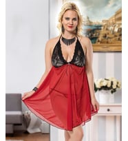 Arias Closet Büyük Beden Siyah Dantelli Boyundan Bağlamalı Fantezi Kırmızı Tül Gecelik
