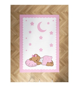 MEKTA HOME BEBEK VE ÇOCUK ODASI Uyuyan Sevimli Ayı Desenli Pembe Halı