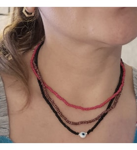 SİYAH NAZAR BONCUKLU ÇOKLU KOLYE 3LÜ  SET (Siyah-Kırmızı-Krem)