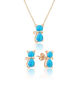 925 Ayar Opal Taşlı Kedi Gümüş Kadın Küpe Kolye Set Rose Altın