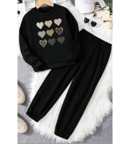 Unisex Kalp Baskılı Bisiklet Yaka Eşofman Takımı (Siyah)
