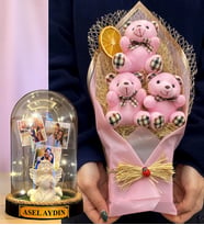 Size Özel 3 Fotoğraflı İsimli Led Işıklı Fanus ve Büyük Boy Pembe Ayıcık Buketi (Model 2)