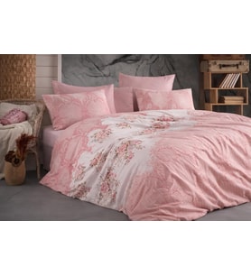 Çift Kişilik Nevresim Takımı Seti Yorgan Kılıfı LOVE KALP Desen 200x220 cm + Lastikli Battal Boy Çarşaf 180x200x30 cm +2 Yastık Kılıflı 50x70 cm (Pembe, Çiçekli)
