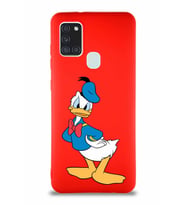 Samsung Galaxy A21S Soft Premier Kapak Donald Duck-D Tasarımlı Silikon Kılıf - Kırmızı (Şeffaf)