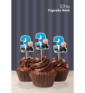 Patron Bebek Boss Baby Temalı  * 3 Yaşında Cupcake Süsü '10lu