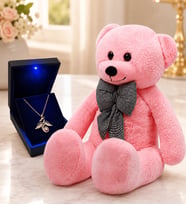 Işıklı Kutuda 925 Ayar Gümüş Rose Gümüş Sevgi Meleği 100 Dilde Seni Seviyorum Kolye ve 80 cm Pembe Peluş Ayıcık Hediye