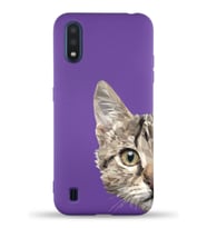 Samsung Galaxy M01 Uyumlu Lansman Kılıf Catface Tasarımlı İçi Kadife Kapak-Mor (Şeffaf)